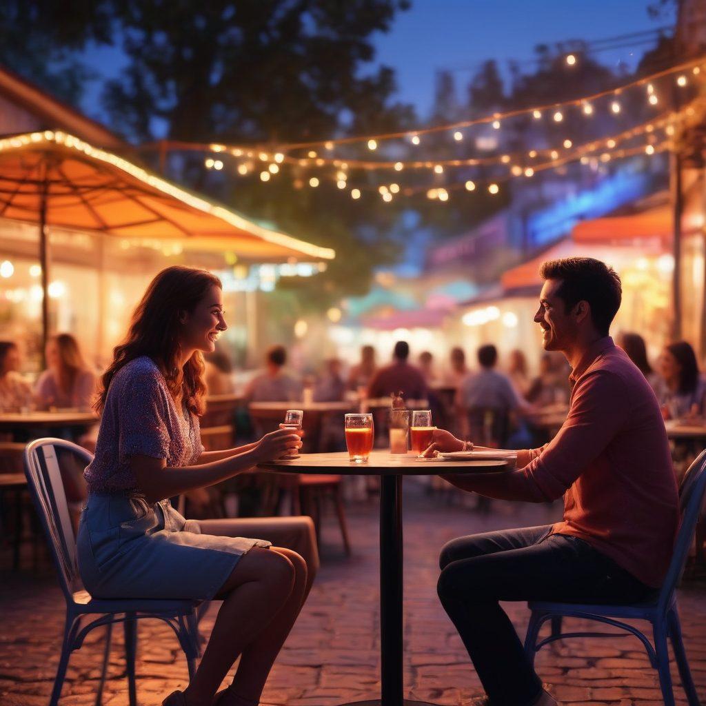A dynamic scene showcasing a couple engaged in lively conversation at an outdoor café, with sparks of chemistry illustrated through colorful visual effects. Surrounding them are soft, glowing elements representing passion and connection, while the background features blurred silhouettes of other couples enjoying their moments. The atmosphere is vibrant and inviting, emphasizing the power of live interactions in relationships. super-realistic. vibrant colors. cinematic lighting.