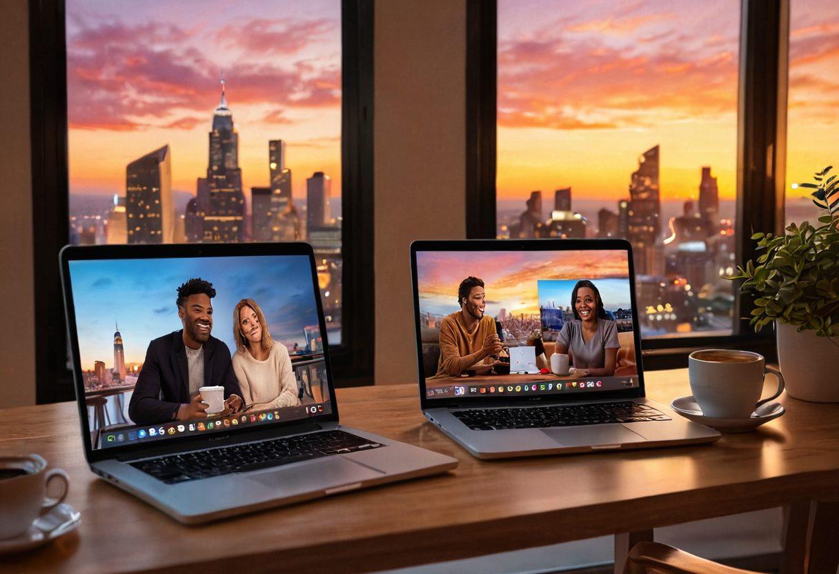 A vibrant digital scene showcasing a cozy virtual dating setup, featuring two characters engaging in a live video chat on their laptops, with warm, inviting lighting. One side displays heart emojis and chat messages floating around, while the other shows a small table set for two with coffee cups. Background elements include a soft-focus city skyline at sunset, conveying a sense of connection despite distance. super-realistic. warm colors. dynamic composition.