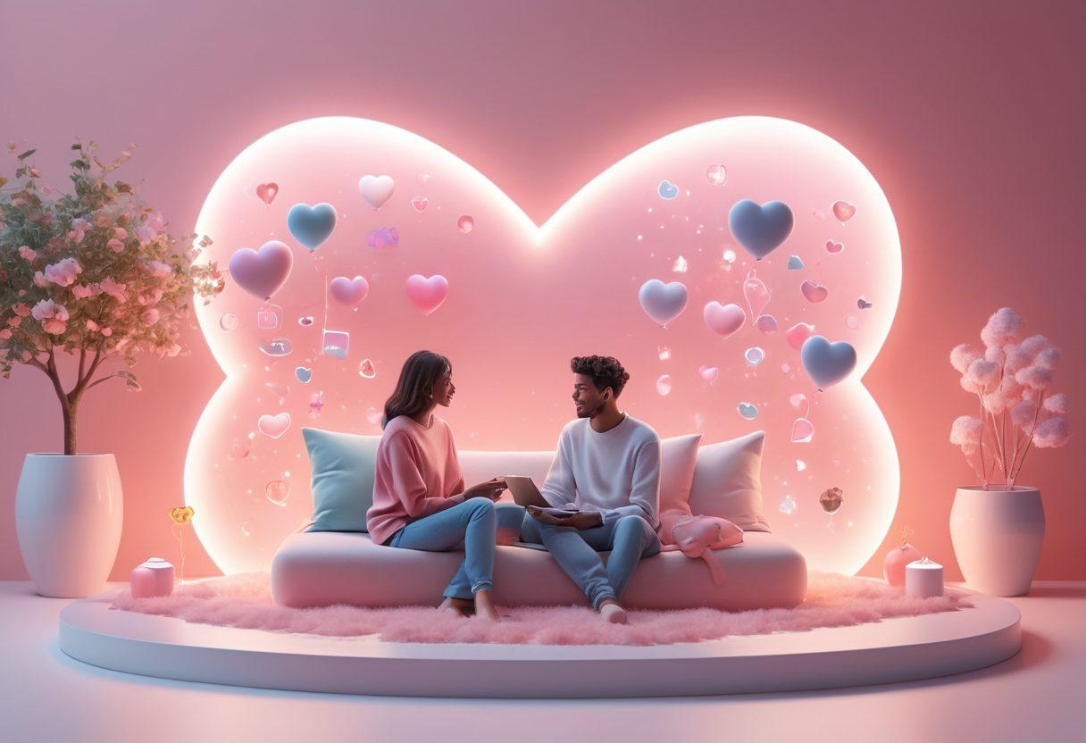 A cozy virtual scene depicting a couple engaging in a video call, surrounded by floating heart emojis and glowing digital elements symbolizing connection. Soft pastel colors, with a backdrop of a dreamlike, abstract landscape representing the online world. Include elements like chat bubbles and virtual gifts to enhance the theme of online romance. pastel colors. dreamy aesthetic. 3D.